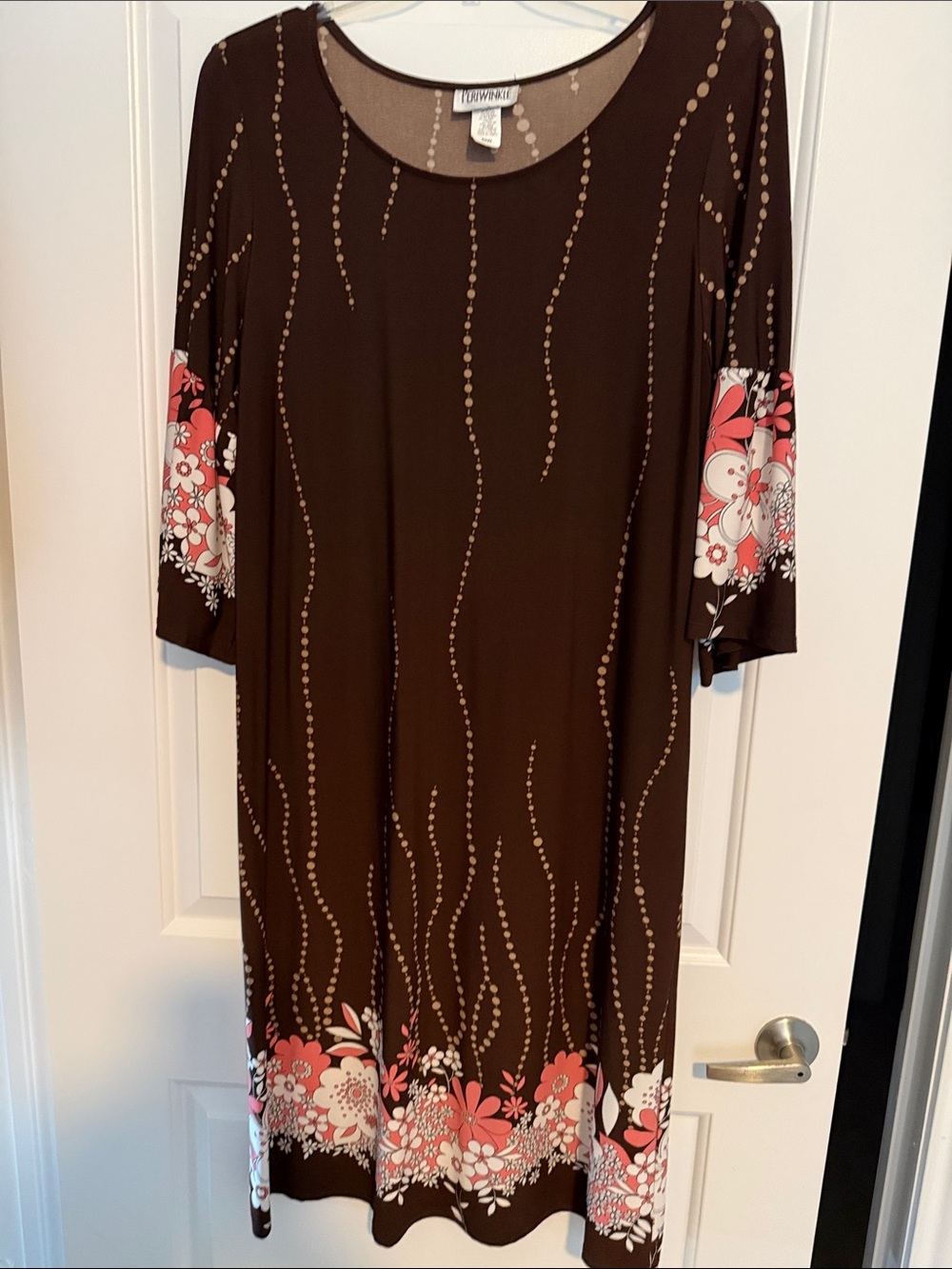 Periwinkle by Barlow Brown Midi Dress with Coral Pink and White Floral Border